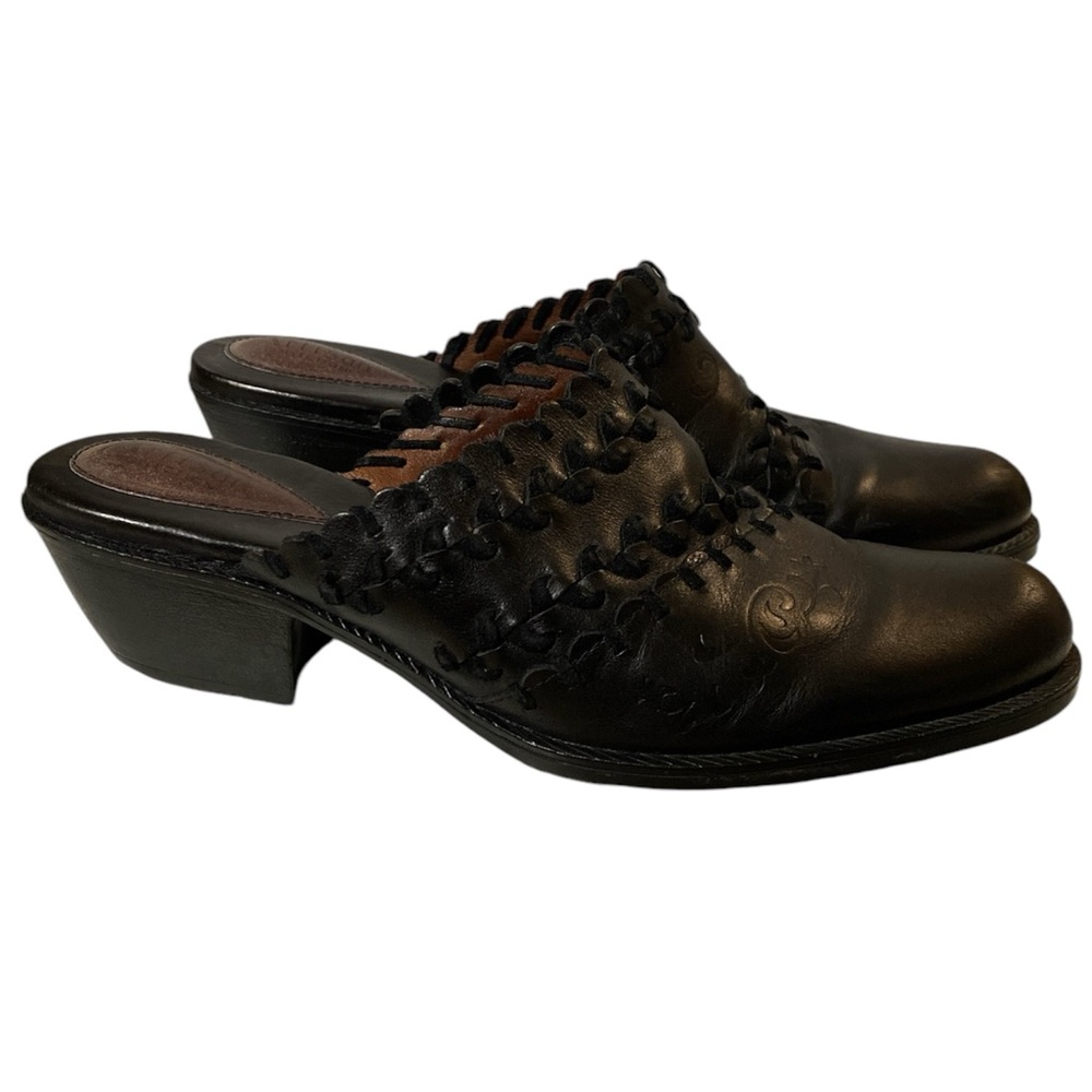 Clarks Artisan Mules Women’s 8 Western Slip On Black Leather Cowgirl Clogs